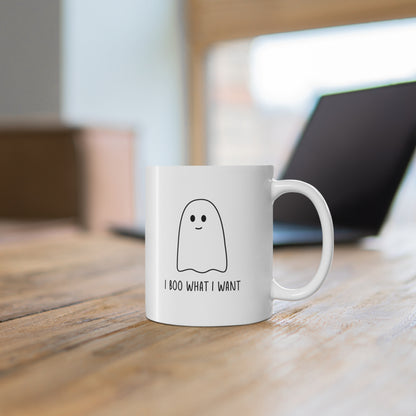 withe ceramic mug with design: I Boo What I Want